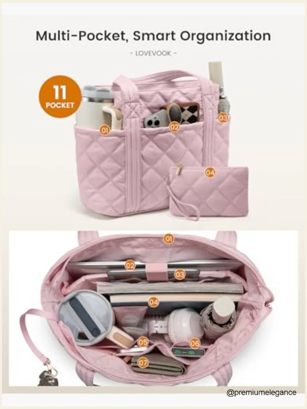 Puffer Tote Bag with Cup Holder, Work Handbag, Travel Carry On, 27L Capacity,